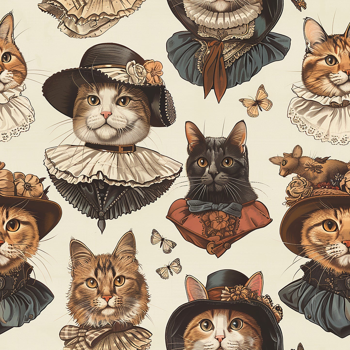 victorian cats, period costumes, ornate clothing, ruffled collars, vintage hats, tabby cats, calico cats, butterflies, cream background, brown tones, sepia colors, quilting cotton, fabric panel, whimsical pattern, dressed animals, historical fashion, decorative bonnets, vintage illustration style, repeating motif