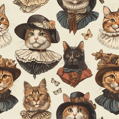 victorian cats, period costumes, ornate clothing, ruffled collars, vintage hats, tabby cats, calico cats, butterflies, cream background, brown tones, sepia colors, quilting cotton, fabric panel, whimsical pattern, dressed animals, historical fashion, decorative bonnets, vintage illustration style, repeating motif