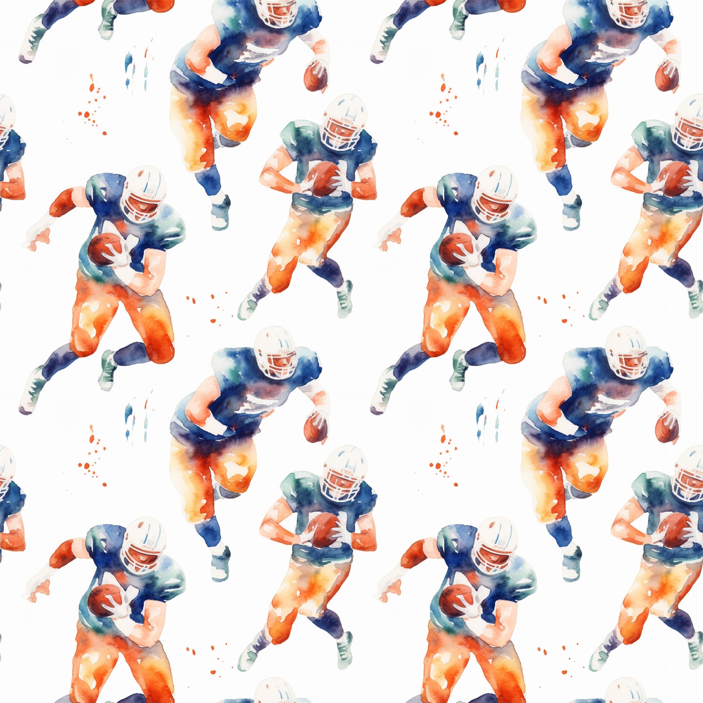watercolor football, orange gradient, navy blue, teal accents, athletic players, sports pattern, running figures, football helmets, cotton fabric, quilting panel, repeating motif, energetic movement, team colors, masculine design, sports theme, fluid brushstrokes, dynamic poses, game day, athletic wear inspired, seamless repeat
