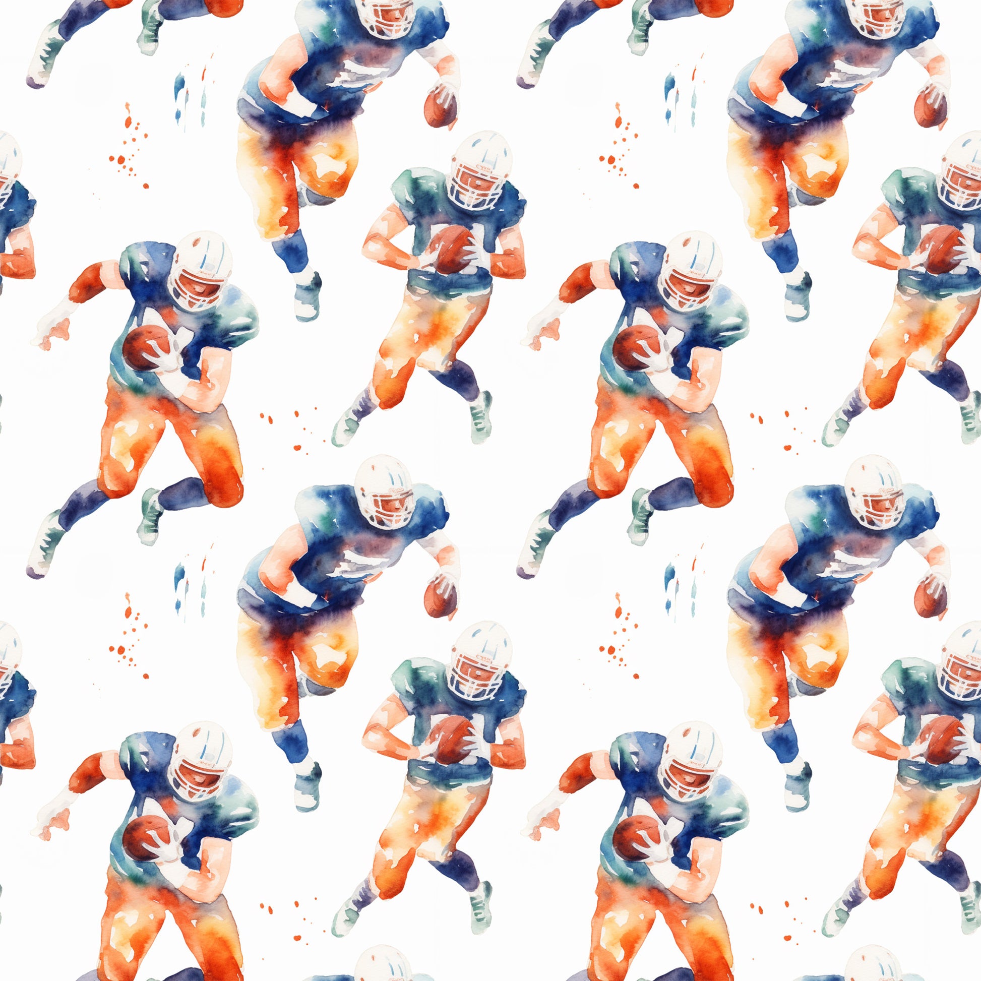watercolor football, orange gradient, navy blue, teal accents, athletic players, sports pattern, running figures, football helmets, cotton fabric, quilting panel, repeating motif, energetic movement, team colors, masculine design, sports theme, fluid brushstrokes, dynamic poses, game day, athletic wear inspired, seamless repeat