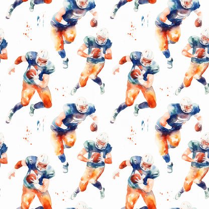 watercolor football, orange gradient, navy blue, teal accents, athletic players, sports pattern, running figures, football helmets, cotton fabric, quilting panel, repeating motif, energetic movement, team colors, masculine design, sports theme, fluid brushstrokes, dynamic poses, game day, athletic wear inspired, seamless repeat