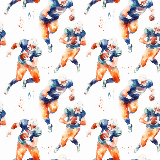 watercolor football, orange gradient, navy blue, teal accents, athletic players, sports pattern, running figures, football helmets, cotton fabric, quilting panel, repeating motif, energetic movement, team colors, masculine design, sports theme, fluid brushstrokes, dynamic poses, game day, athletic wear inspired, seamless repeat