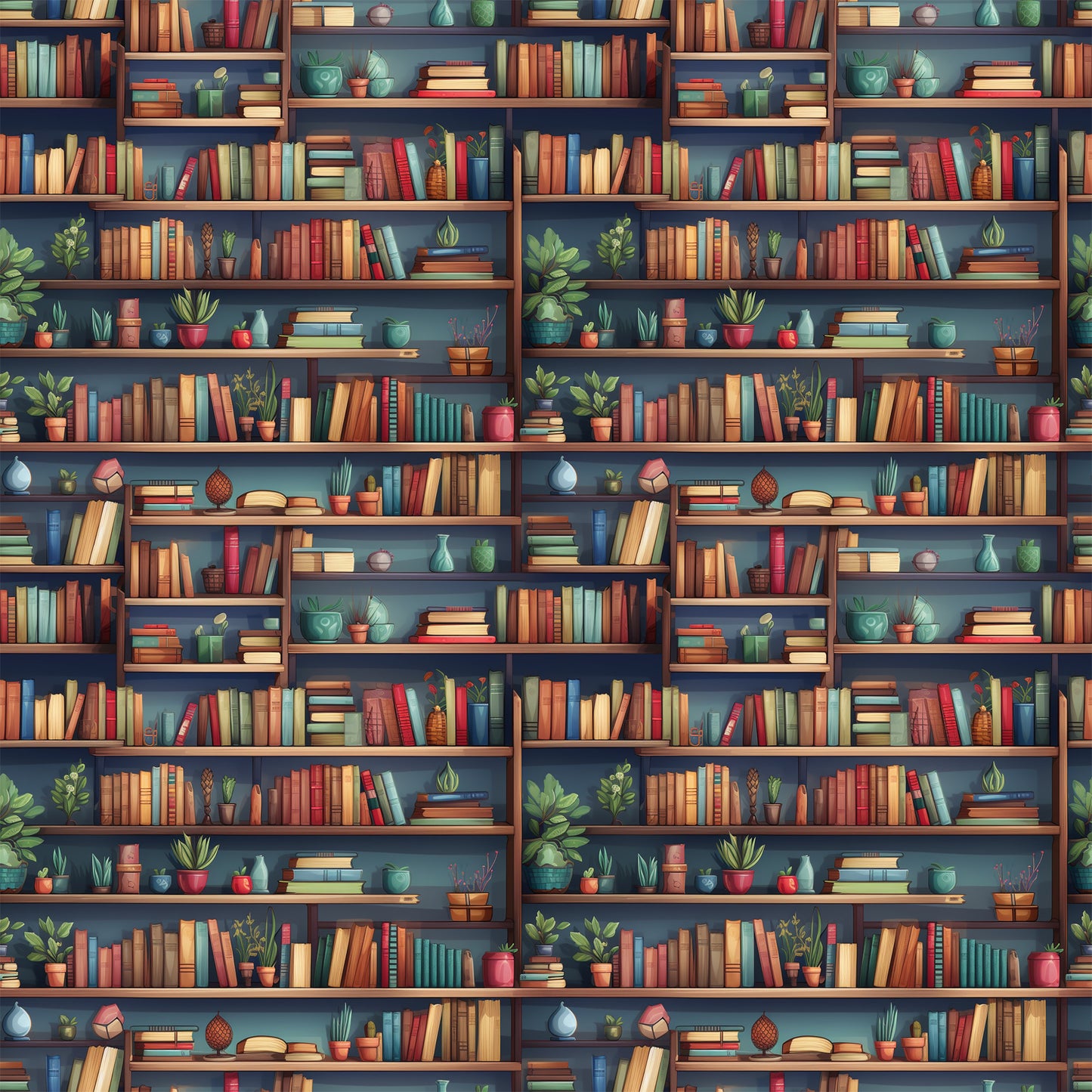 - Bookshelf Pattern 10 Quilting Cotton Fabric  
- Cotton fabric  
- Quilting fabric  
- Multicolored books  
- Wooden shelves  
- Blue background  
- Potted plants  
- Decorative objects  
- Home decor  
- Literature theme  
- Cozy design  
- Textile material  
- Craft fabric  
- Fabric yardage