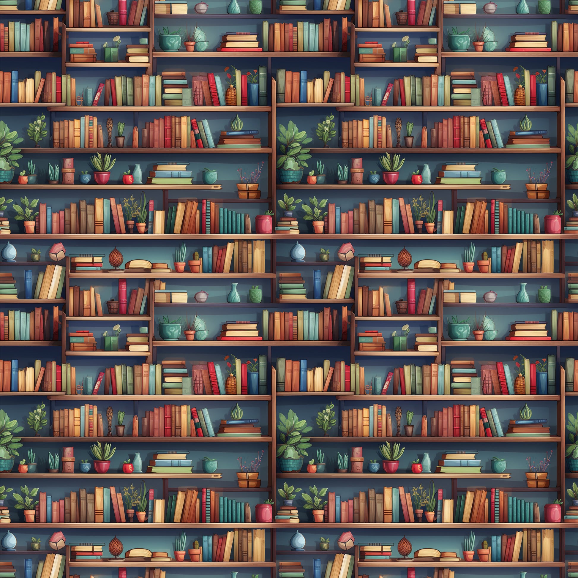 - Bookshelf Pattern 10 Quilting Cotton Fabric  
- Cotton fabric  
- Quilting fabric  
- Multicolored books  
- Wooden shelves  
- Blue background  
- Potted plants  
- Decorative objects  
- Home decor  
- Literature theme  
- Cozy design  
- Textile material  
- Craft fabric  
- Fabric yardage