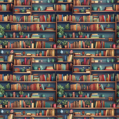 - Bookshelf Pattern 10 Quilting Cotton Fabric  
- Cotton fabric  
- Quilting fabric  
- Multicolored books  
- Wooden shelves  
- Blue background  
- Potted plants  
- Decorative objects  
- Home decor  
- Literature theme  
- Cozy design  
- Textile material  
- Craft fabric  
- Fabric yardage