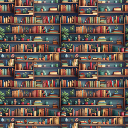bookshelf pattern, quilting cotton, fabric panel, library scene, books, potted plants, decorative objects, warm browns, deep blues, sage green, terracotta orange, cozy atmosphere, reading theme, literary motif, home library, book spines, plant pots, shelving units, intellectual theme, studious mood