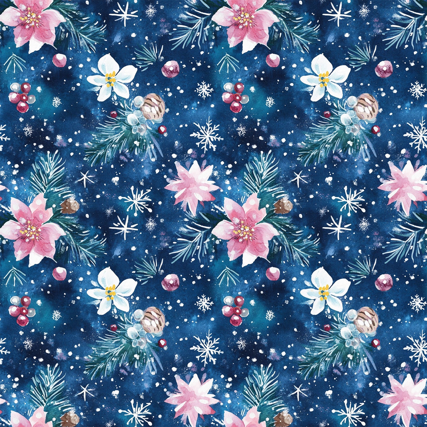 - Watercolor Blue Christmas Pattern 8 Quilting Cotton Fabric  
- Blue background, holiday, floral, poinsettia, pine branches  
- Snowflakes, berries, pine cones, winter, festive, seasonal  
- Cotton fabric, quilting material, textured, soft, decorative  
- Pink, white, green, red, delicate, artistic, seamless design