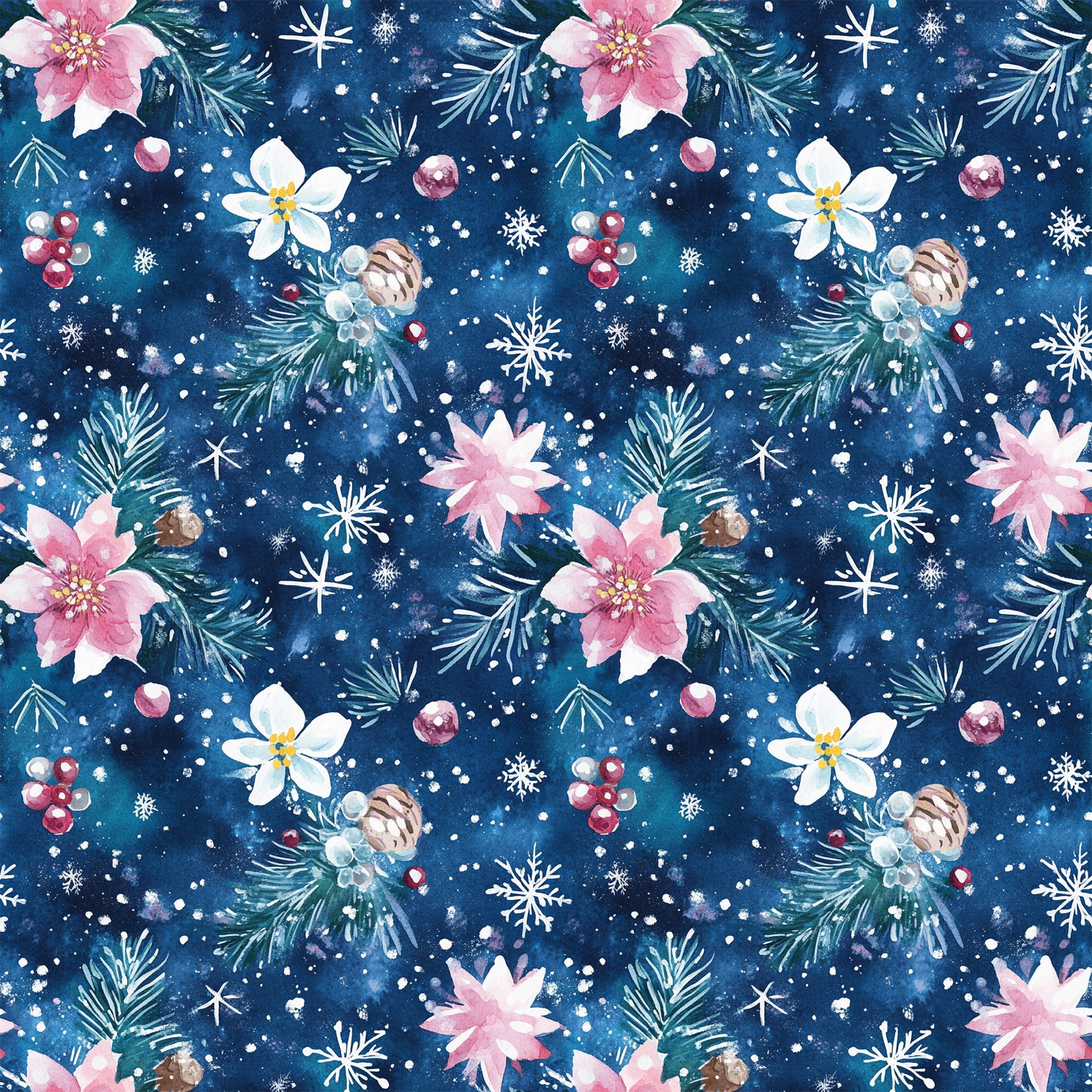 - Watercolor Blue Christmas Pattern 8 Quilting Cotton Fabric  
- Blue background, holiday, floral, poinsettia, pine branches  
- Snowflakes, berries, pine cones, winter, festive, seasonal  
- Cotton fabric, quilting material, textured, soft, decorative  
- Pink, white, green, red, delicate, artistic, seamless design
