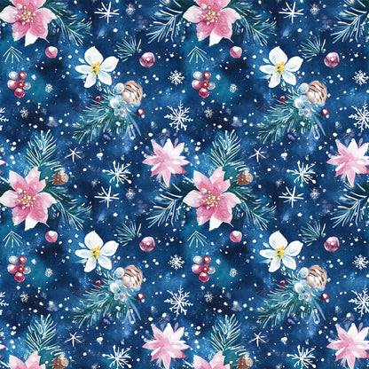 - Watercolor Blue Christmas Pattern 8 Quilting Cotton Fabric  
- Blue background, holiday, floral, poinsettia, pine branches  
- Snowflakes, berries, pine cones, winter, festive, seasonal  
- Cotton fabric, quilting material, textured, soft, decorative  
- Pink, white, green, red, delicate, artistic, seamless design