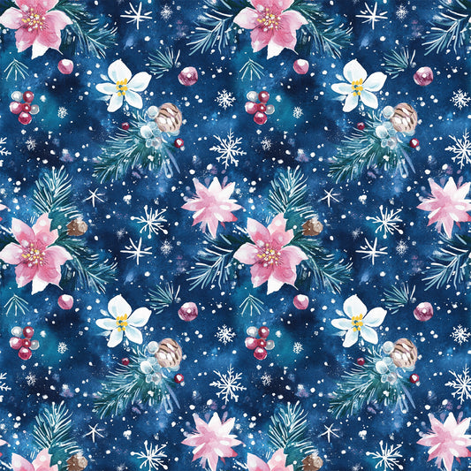 - Watercolor Blue Christmas Pattern 8 Quilting Cotton Fabric  
- Blue background, holiday, floral, poinsettia, pine branches  
- Snowflakes, berries, pine cones, winter, festive, seasonal  
- Cotton fabric, quilting material, textured, soft, decorative  
- Pink, white, green, red, delicate, artistic, seamless design