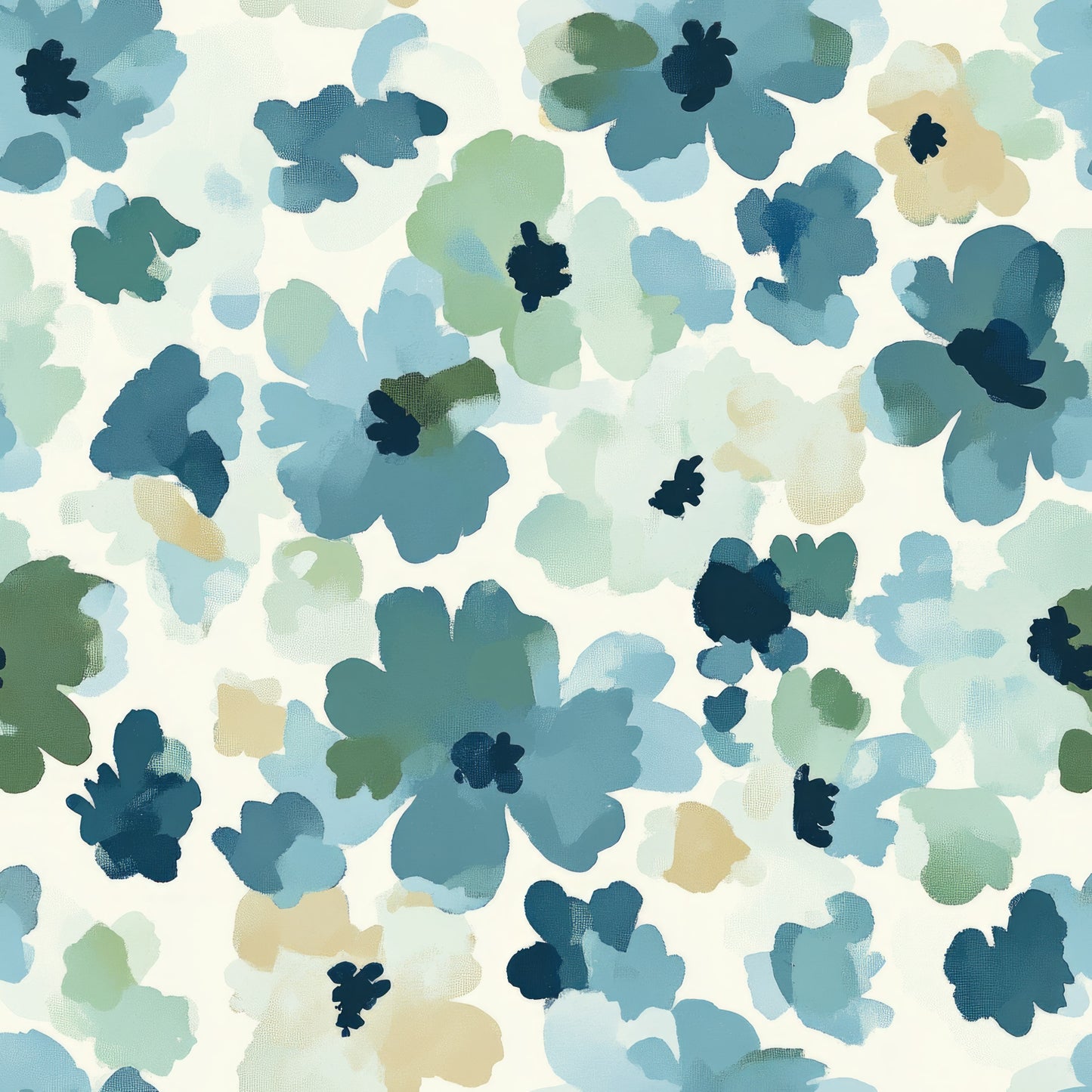 cornflower blue, watercolor flowers, abstract florals, blue tones, sage green, cream background, soft pastels, botanical pattern, quilting cotton, fabric panel, dreamy aesthetic, painted blooms, scattered flowers, muted colors, artistic style, floral motifs, textile design, cotton fabric, nature inspired, gentle pattern