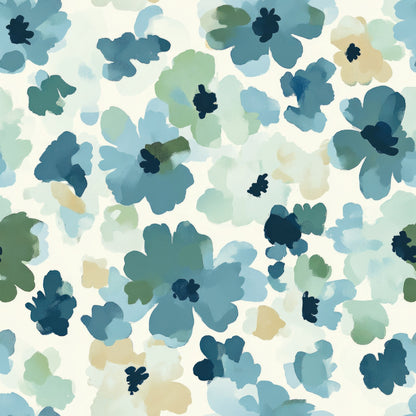 cornflower blue, watercolor flowers, abstract florals, blue tones, sage green, cream background, soft pastels, botanical pattern, quilting cotton, fabric panel, dreamy aesthetic, painted blooms, scattered flowers, muted colors, artistic style, floral motifs, textile design, cotton fabric, nature inspired, gentle pattern