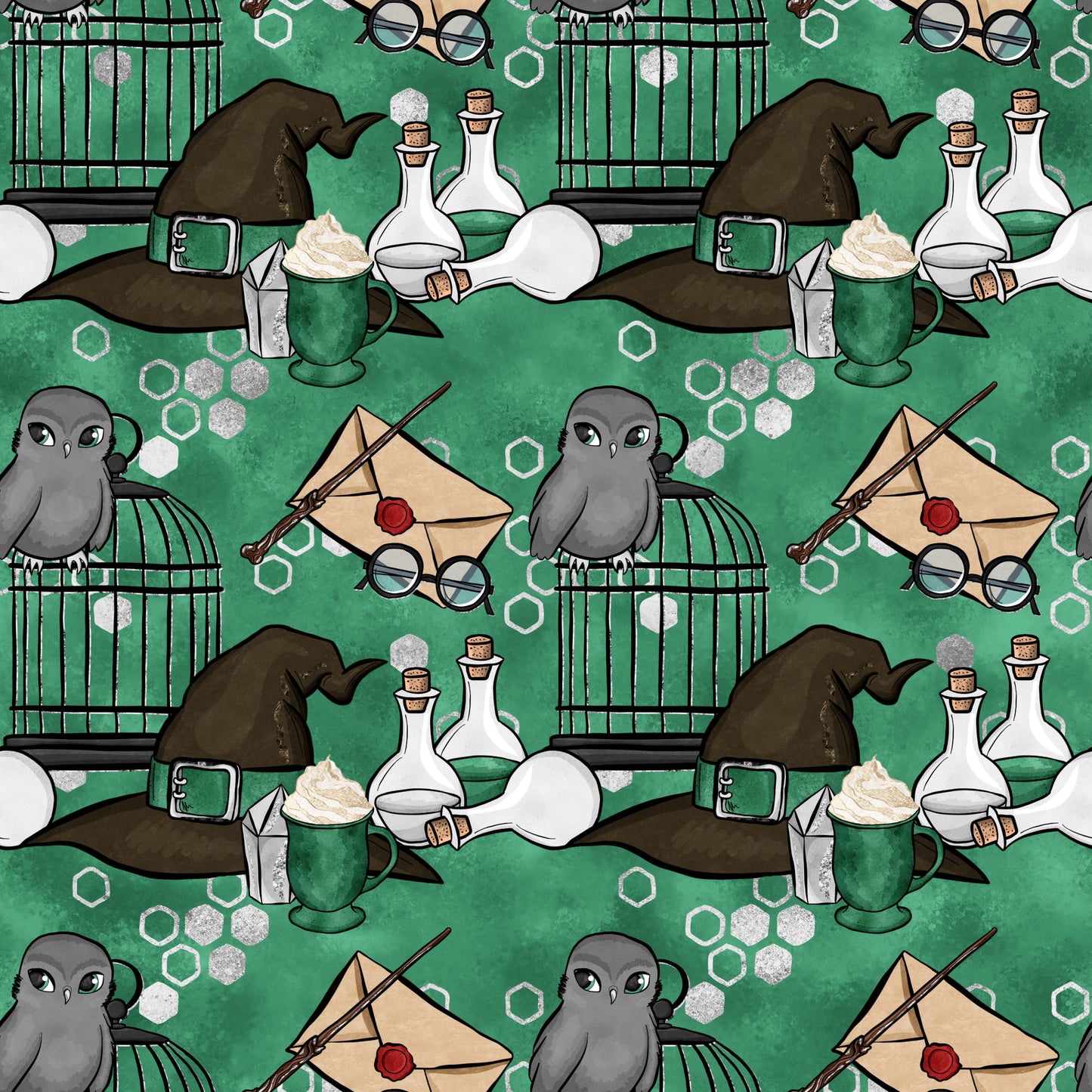 emerald green, forest green, magical pattern, wizard hat, owl birds, potion bottles, eyeglasses, envelope letter, wand, birdcage, coffee mug, hexagon shapes, whimsical design, fantasy theme, quilting cotton, fabric panel, repeating motif, school supplies, mystical elements, cartoon style
