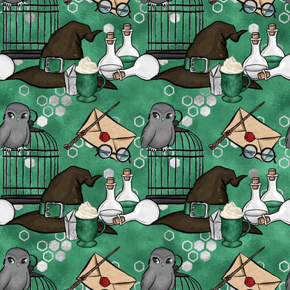 emerald green, forest green, magical pattern, wizard hat, owl birds, potion bottles, eyeglasses, envelope letter, wand, birdcage, coffee mug, hexagon shapes, whimsical design, fantasy theme, quilting cotton, fabric panel, repeating motif, school supplies, mystical elements, cartoon style