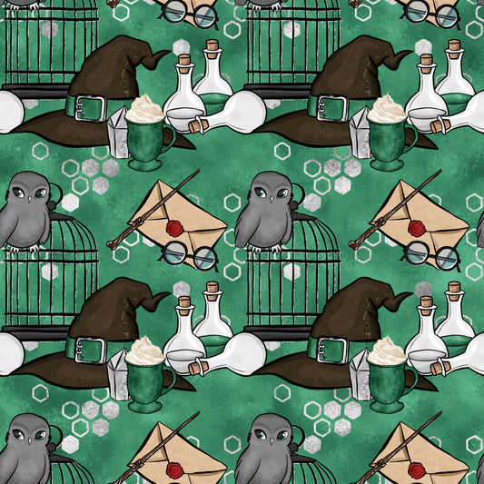 emerald green, forest green, magical pattern, wizard hat, owl birds, potion bottles, eyeglasses, envelope letter, wand, birdcage, coffee mug, hexagon shapes, whimsical design, fantasy theme, quilting cotton, fabric panel, repeating motif, school supplies, mystical elements, cartoon style
