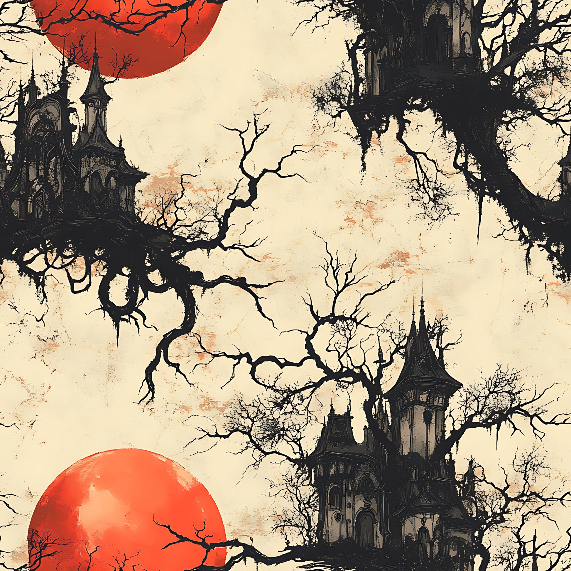 blood red, cream beige, black silhouettes, gothic manor, spooky castle, bare trees, twisted branches, red moon, haunted house, gothic architecture, eerie atmosphere, halloween theme, horror aesthetic, quilting cotton, fabric panel, dark fantasy, creepy mansion, skeletal trees, ominous sky, supernatural scene
