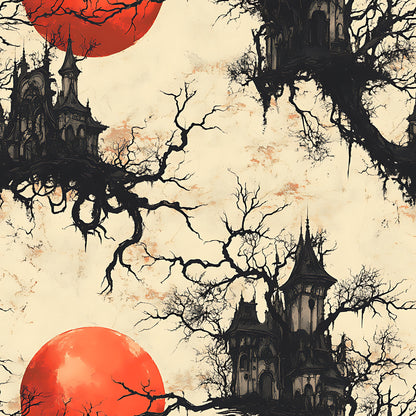 blood red, cream beige, black silhouettes, gothic manor, spooky castle, bare trees, twisted branches, red moon, haunted house, gothic architecture, eerie atmosphere, halloween theme, horror aesthetic, quilting cotton, fabric panel, dark fantasy, creepy mansion, skeletal trees, ominous sky, supernatural scene