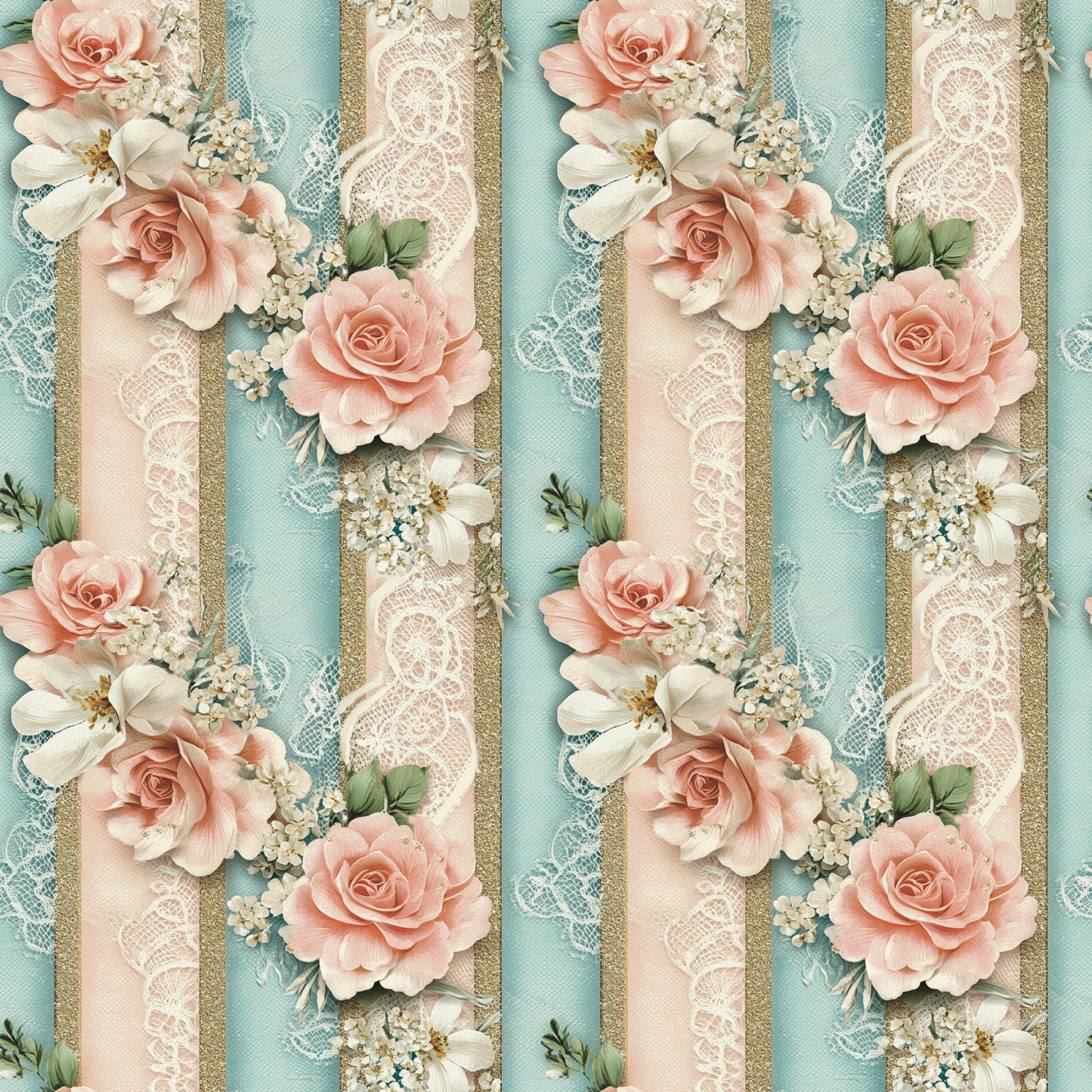 peach roses, aqua blue, cream lace, white flowers, coral pink, gold accents, vertical stripes, floral pattern, romantic blooms, delicate lace trim, quilting cotton, fabric panel, soft pastels, vintage roses, decorative ribbons, feminine florals, spring flowers, shabby chic, cotton fabric, repeating design
