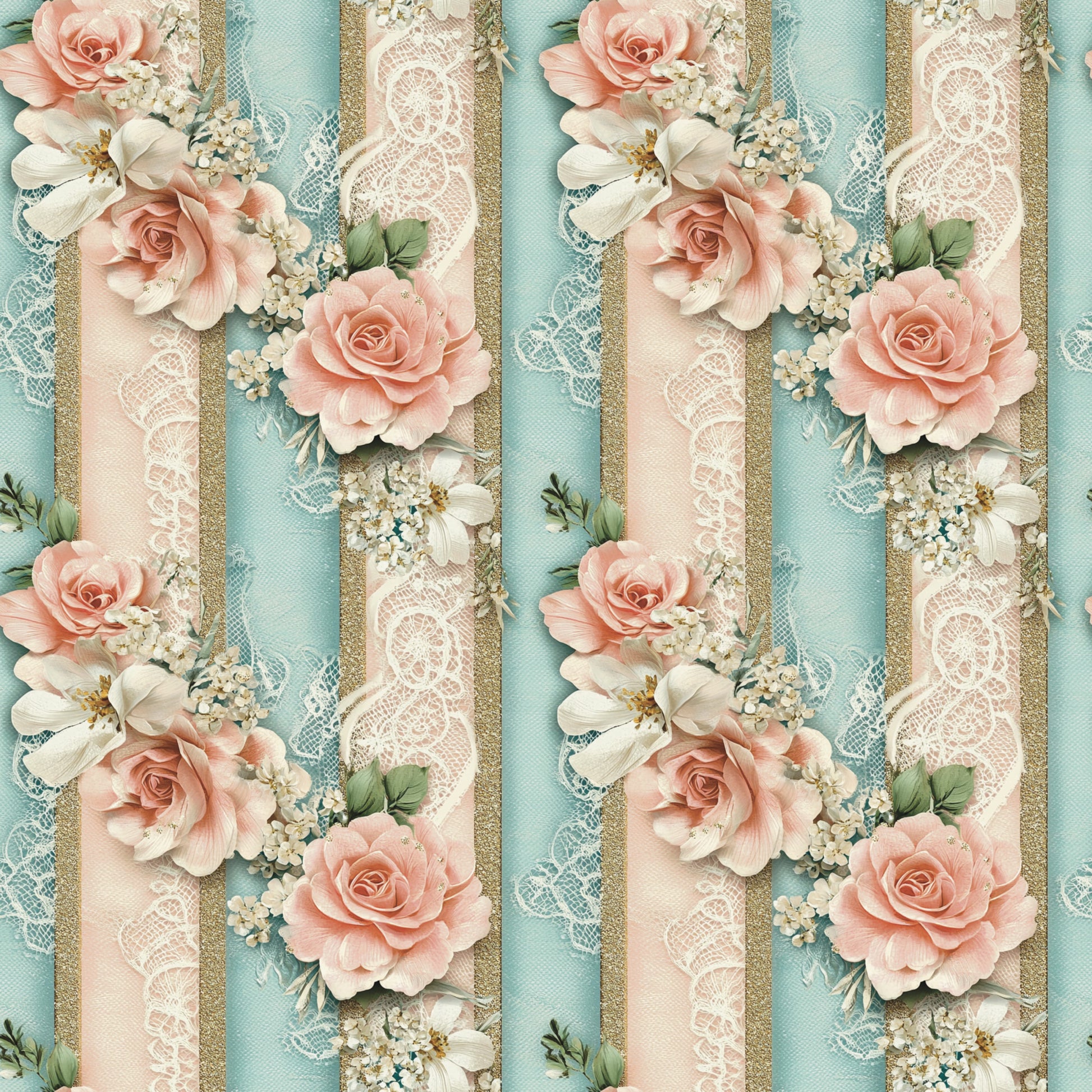 peach roses, aqua blue, cream lace, white flowers, coral pink, gold accents, vertical stripes, floral pattern, romantic blooms, delicate lace trim, quilting cotton, fabric panel, soft pastels, vintage roses, decorative ribbons, feminine florals, spring flowers, shabby chic, cotton fabric, repeating design