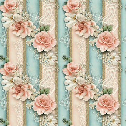 peach roses, aqua blue, cream lace, white flowers, coral pink, gold accents, vertical stripes, floral pattern, romantic blooms, delicate lace trim, quilting cotton, fabric panel, soft pastels, vintage roses, decorative ribbons, feminine florals, spring flowers, shabby chic, cotton fabric, repeating design