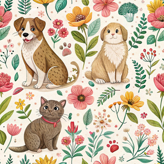 dogs, cats, rabbit, floral pattern, botanical elements, pink flowers, yellow blooms, green leaves, cream background, watercolor style, whimsical illustration, paw prints, pet theme, quilting cotton, fabric panel, spring motif, cute animals, detailed artwork, soft colors, nature design