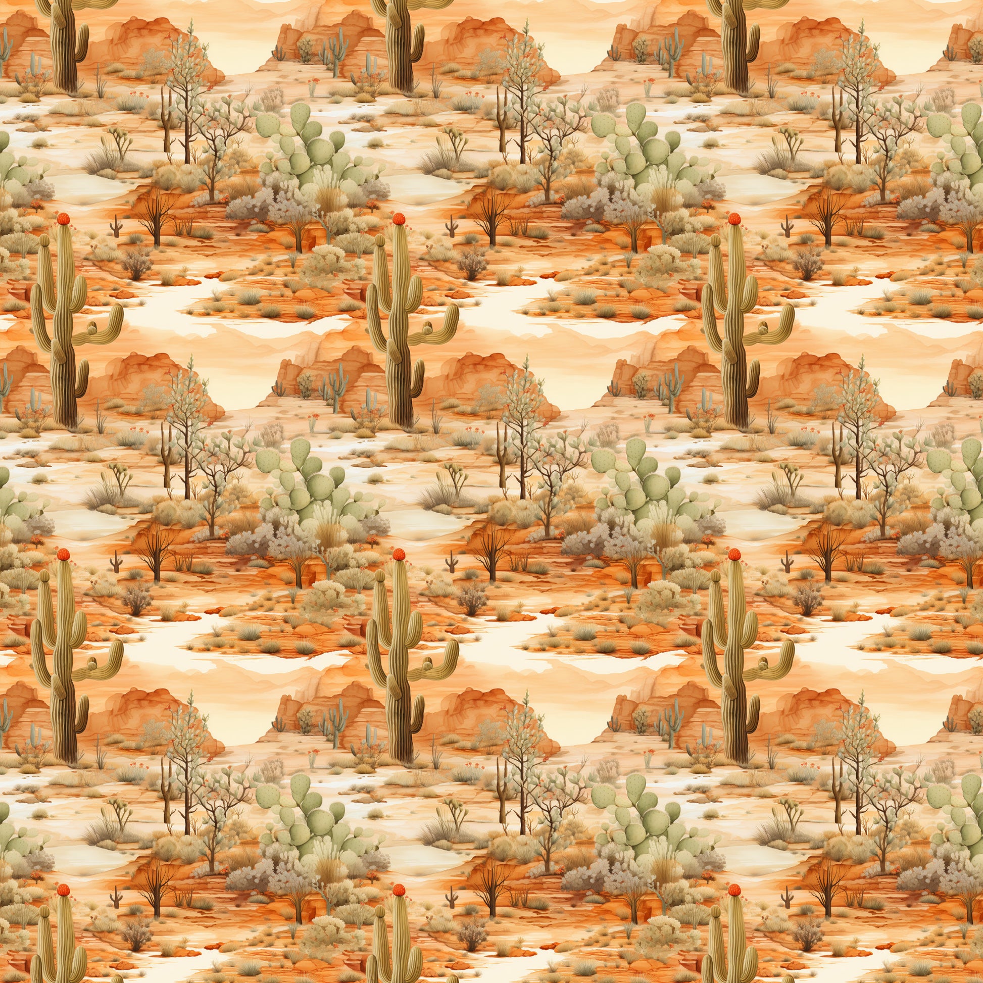 desert landscape, sunrise colors, orange tones, coral hues, sage green, cactus plants, saguaro cacti, prickly pear, desert flora, southwestern scene, quilting cotton, fabric panel, repeating pattern, warm palette, arid landscape, desert plants, natural scenery, earth tones, botanical design, seamless repeat