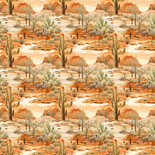 desert landscape, sunrise colors, orange tones, coral hues, sage green, cactus plants, saguaro cacti, prickly pear, desert flora, southwestern scene, quilting cotton, fabric panel, repeating pattern, warm palette, arid landscape, desert plants, natural scenery, earth tones, botanical design, seamless repeat