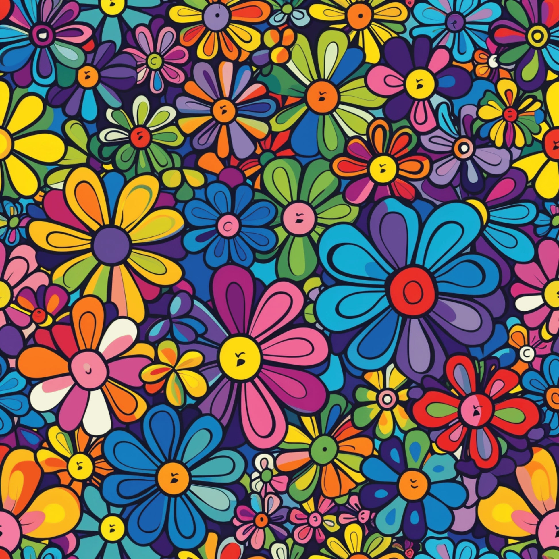 rainbow flowers, hippie flowers, multicolored petals, bright yellow, hot pink, turquoise blue, orange, purple, lime green, red, floral pattern, daisy shapes, groovy style, retro design, psychedelic art, 1960s inspired, flower power, quilting cotton, fabric panel, vibrant colors, cheerful mood, densely packed blooms