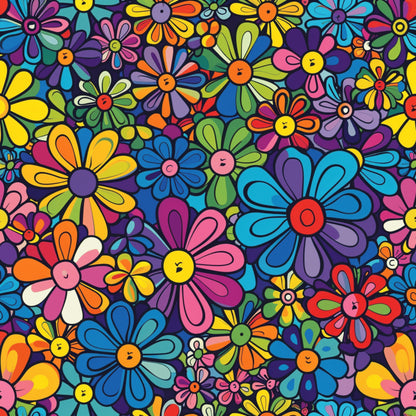 rainbow flowers, hippie flowers, multicolored petals, bright yellow, hot pink, turquoise blue, orange, purple, lime green, red, floral pattern, daisy shapes, groovy style, retro design, psychedelic art, 1960s inspired, flower power, quilting cotton, fabric panel, vibrant colors, cheerful mood, densely packed blooms