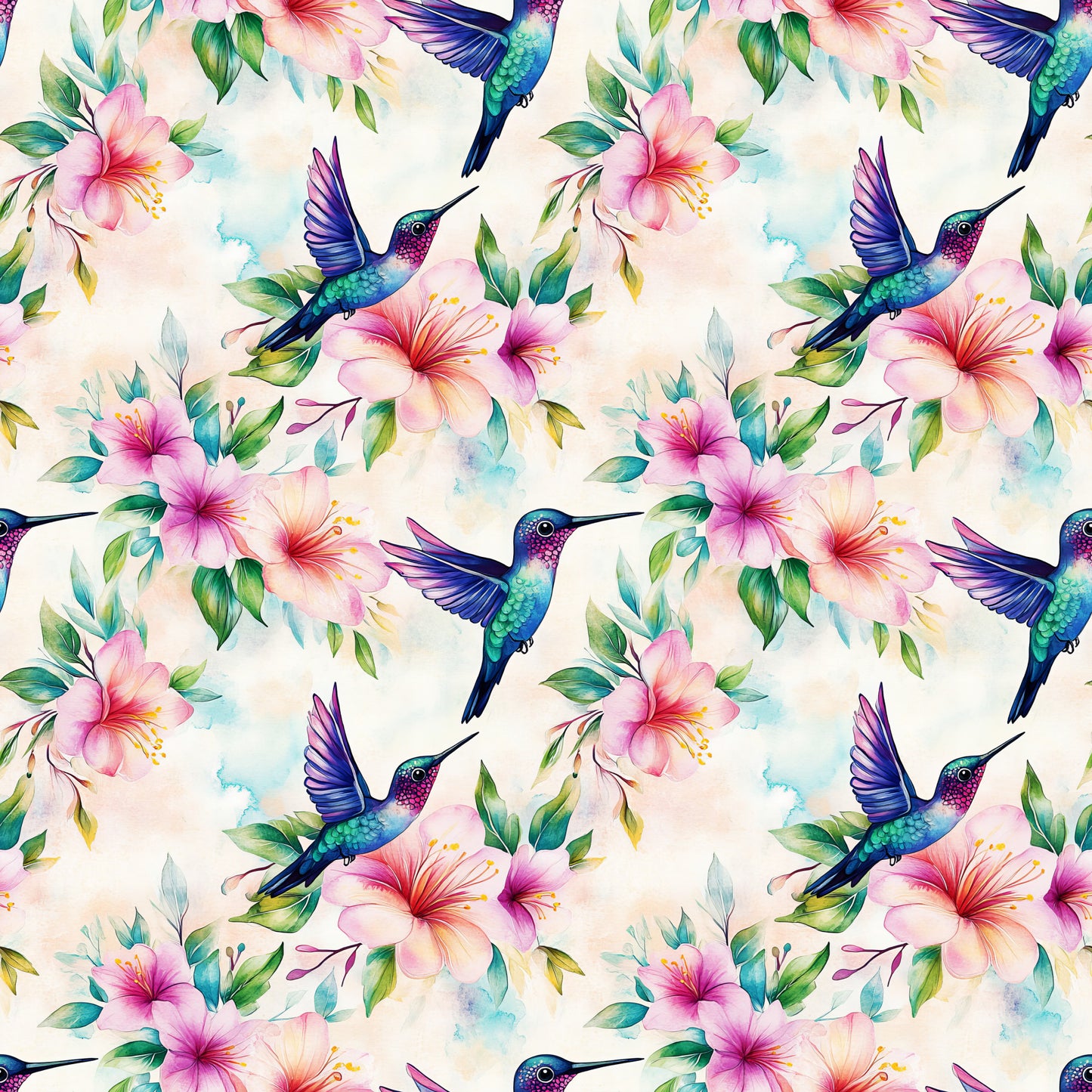 watercolor, hummingbirds, hibiscus flowers, tropical birds, floral pattern, pink flowers, purple wings, teal green, coral pink, botanical design, nature motif, seamless repeat, quilting cotton, fabric panel, tropical theme, delicate watercolor, flying birds, exotic flowers, soft pastels, garden birds