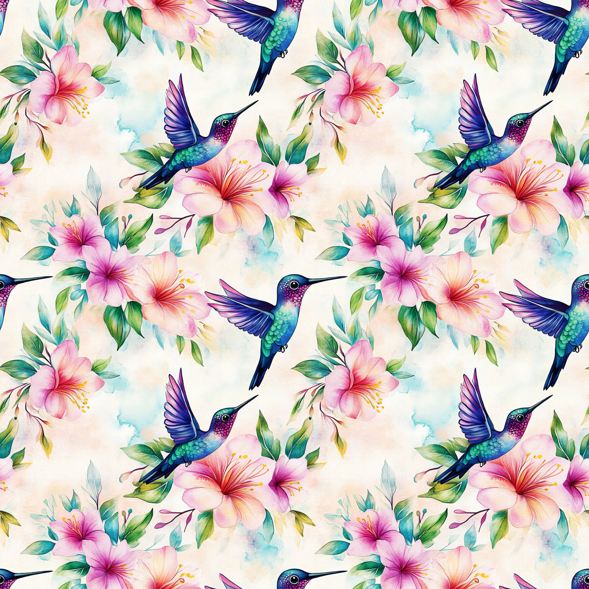 watercolor, hummingbirds, hibiscus flowers, tropical birds, floral pattern, pink flowers, purple wings, teal green, coral pink, botanical design, nature motif, seamless repeat, quilting cotton, fabric panel, tropical theme, delicate watercolor, flying birds, exotic flowers, soft pastels, garden birds