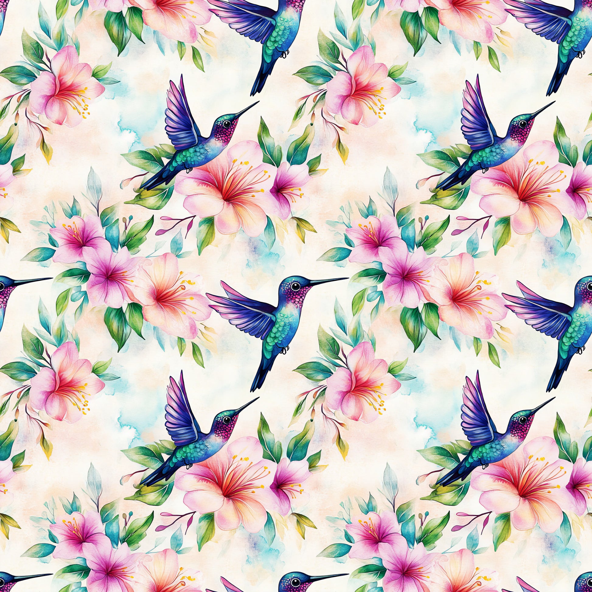 watercolor, hummingbirds, hibiscus flowers, tropical birds, floral pattern, pink flowers, purple wings, teal green, coral pink, botanical design, nature motif, seamless repeat, quilting cotton, fabric panel, tropical theme, delicate watercolor, flying birds, exotic flowers, soft pastels, garden birds