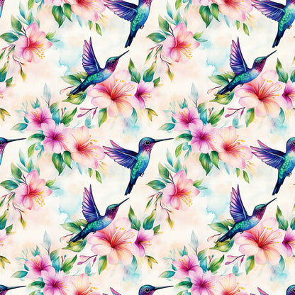 watercolor, hummingbirds, hibiscus flowers, tropical birds, floral pattern, pink flowers, purple wings, teal green, coral pink, botanical design, nature motif, seamless repeat, quilting cotton, fabric panel, tropical theme, delicate watercolor, flying birds, exotic flowers, soft pastels, garden birds