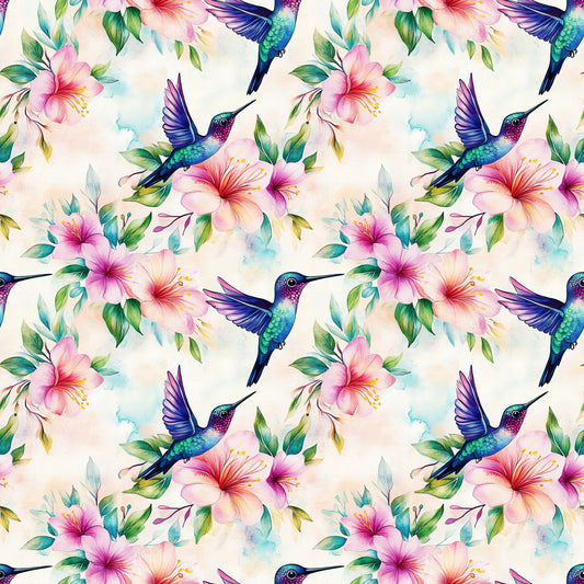 watercolor, hummingbirds, hibiscus flowers, tropical birds, floral pattern, pink flowers, purple wings, teal green, coral pink, botanical design, nature motif, seamless repeat, quilting cotton, fabric panel, tropical theme, delicate watercolor, flying birds, exotic flowers, soft pastels, garden birds