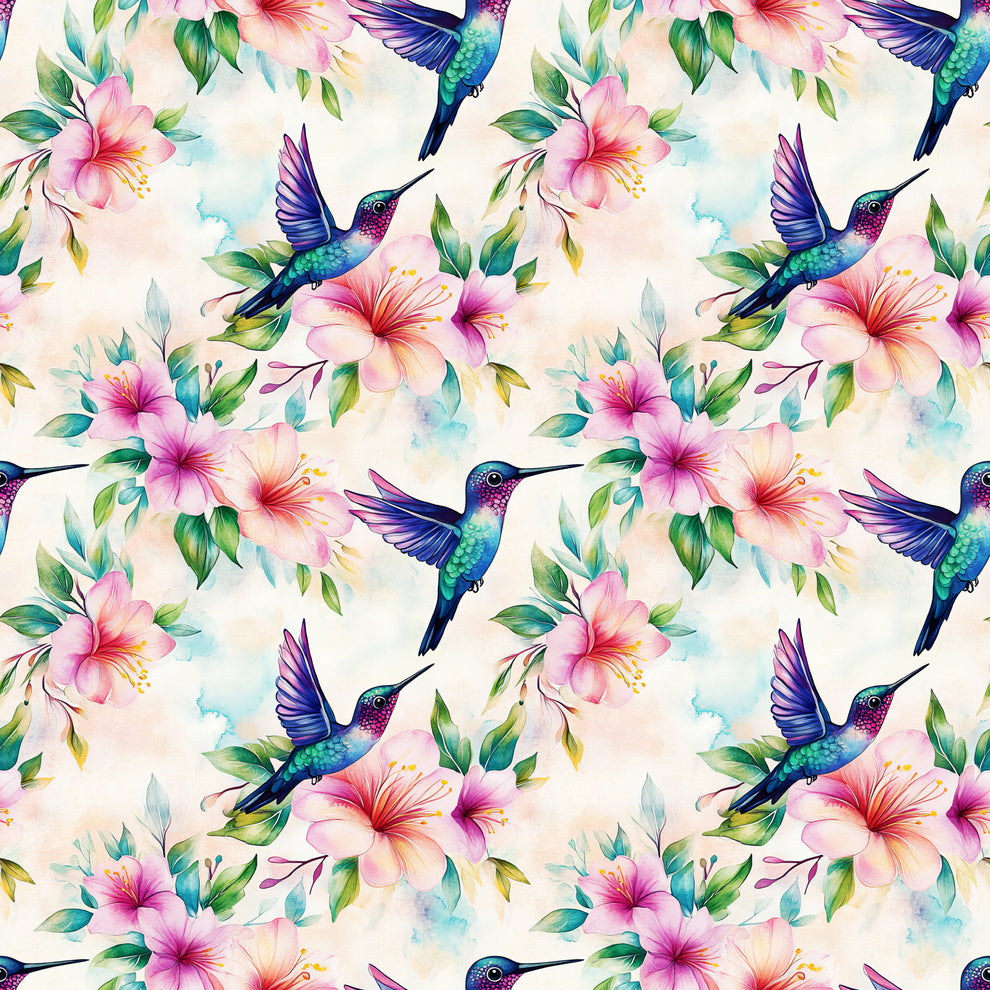 Watercolor Hummingbirds and Hibiscus Pattern 1 Quilting Cotton Fabric ...