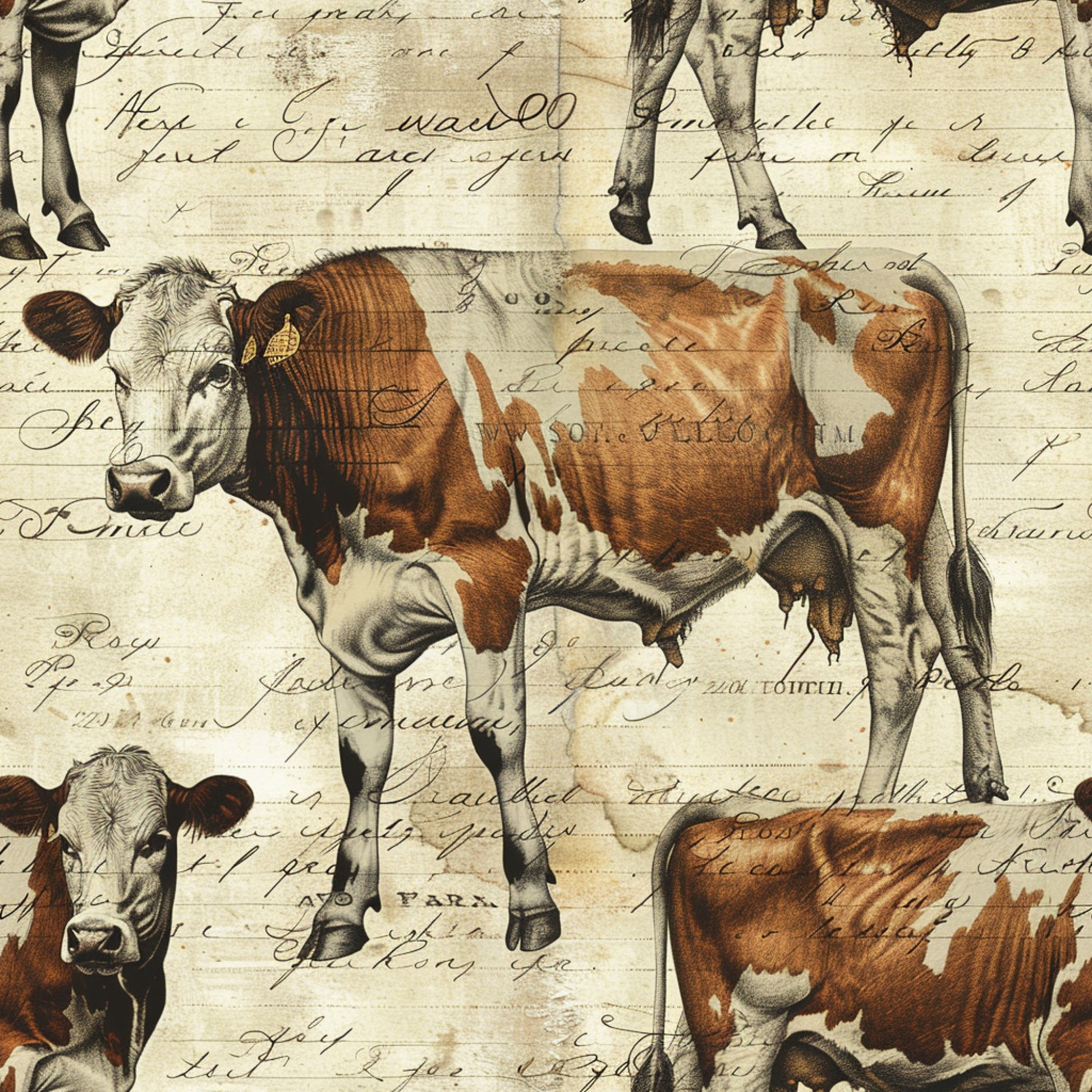 brown, cream, beige, tan, white, cows, dairy cattle, farm animals, vintage script, handwriting text, pastoral scene, rustic style, country theme, agricultural motif, quilting cotton, fabric panel, farmhouse aesthetic, livestock illustration, sepia tones, nostalgic feel