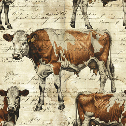 brown, cream, beige, tan, white, cows, dairy cattle, farm animals, vintage script, handwriting text, pastoral scene, rustic style, country theme, agricultural motif, quilting cotton, fabric panel, farmhouse aesthetic, livestock illustration, sepia tones, nostalgic feel