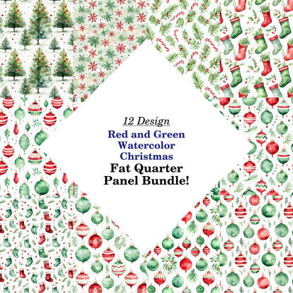 Red and Green Watercolor Christmas Fat Quarter Bundle