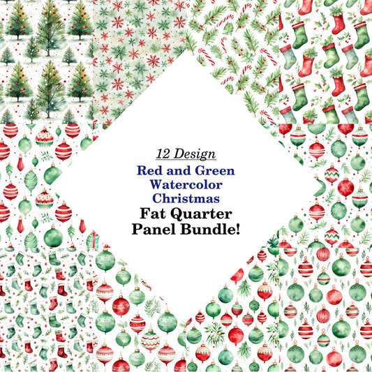 Red and Green Watercolor Christmas Fat Quarter Bundle