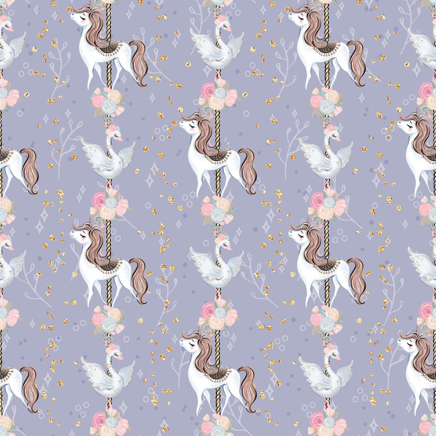 lavender purple, soft pink, gold glitter, white unicorns, carousel horses, flying doves, floral bouquets, roses, whimsical pattern, magical theme, fairytale motif, repeating design, quilting cotton, fabric panel, dreamy aesthetic, pastel colors, fantasy creatures, children's fabric, nursery theme, enchanted pattern