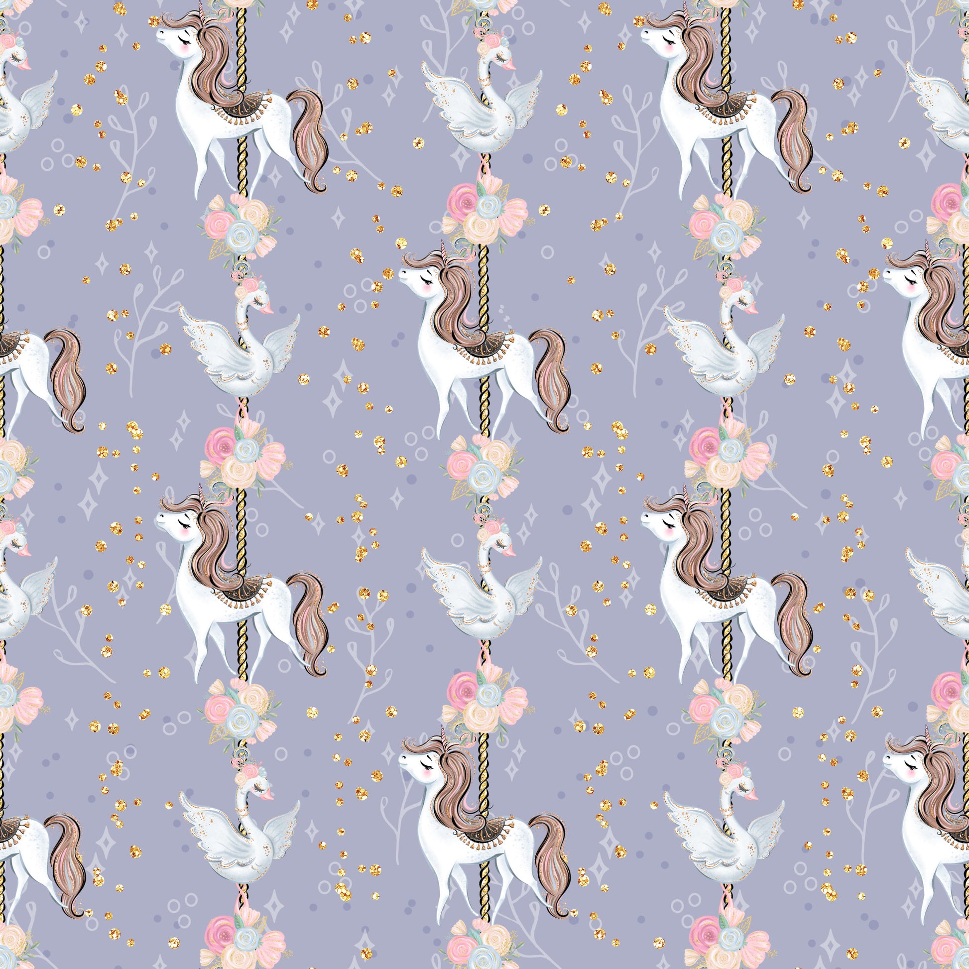 lavender purple, soft pink, gold glitter, white unicorns, carousel horses, flying doves, floral bouquets, roses, whimsical pattern, magical theme, fairytale motif, repeating design, quilting cotton, fabric panel, dreamy aesthetic, pastel colors, fantasy creatures, children's fabric, nursery theme, enchanted pattern