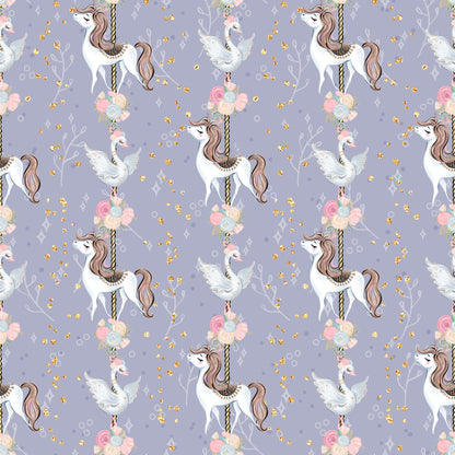 lavender purple, soft pink, gold glitter, white unicorns, carousel horses, flying doves, floral bouquets, roses, whimsical pattern, magical theme, fairytale motif, repeating design, quilting cotton, fabric panel, dreamy aesthetic, pastel colors, fantasy creatures, children's fabric, nursery theme, enchanted pattern