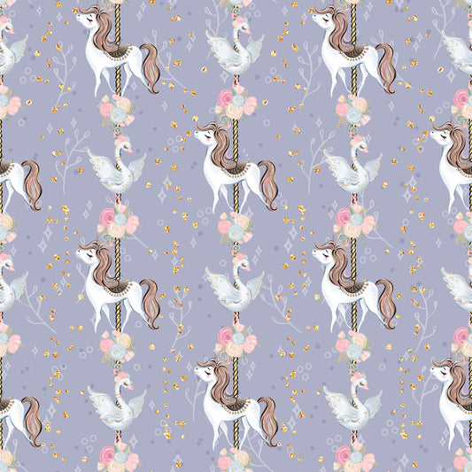 lavender purple, soft pink, gold glitter, white unicorns, carousel horses, flying doves, floral bouquets, roses, whimsical pattern, magical theme, fairytale motif, repeating design, quilting cotton, fabric panel, dreamy aesthetic, pastel colors, fantasy creatures, children's fabric, nursery theme, enchanted pattern
