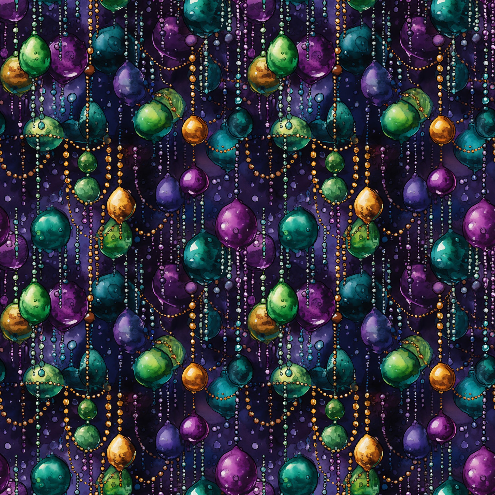 - French Quarter Mardi Gras Pattern 7 Quilting Cotton Fabric  
- Mardi Gras beads  
- Purple, green, gold colors  
- Cotton material  
- Festive design  
- Beaded strands  
- Quilting fabric  
- Vibrant, decorative  
- Textile, yardage  
- Floral and bead motifs