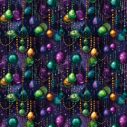 - French Quarter Mardi Gras Pattern 7 Quilting Cotton Fabric  
- Mardi Gras beads  
- Purple, green, gold colors  
- Cotton material  
- Festive design  
- Beaded strands  
- Quilting fabric  
- Vibrant, decorative  
- Textile, yardage  
- Floral and bead motifs