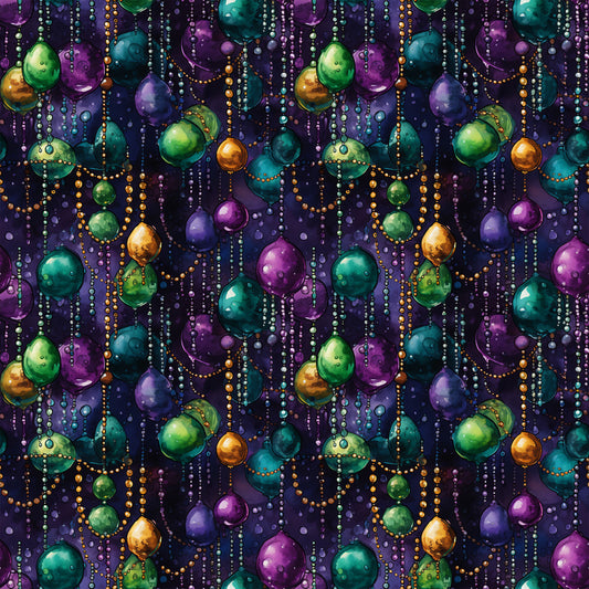 purple, green, gold, teal, orange, mardi gras beads, jewel tones, festive pattern, carnival celebration, new orleans theme, quilting cotton, fabric panel, party atmosphere, decorative beads, purple background, metallic accents, repeating pattern, celebratory design, fat tuesday, beaded necklaces