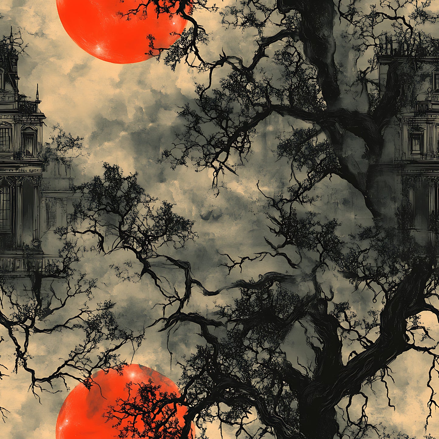 blood moon, red sun, gothic architecture, bare trees, twisted branches, gnarled trees, spooky atmosphere, halloween theme, dark silhouettes, stormy clouds, orange red, sepia tones, haunted mansion, eerie landscape, horror aesthetic, quilting cotton, fabric panel, autumn colors, supernatural mood, macabre design