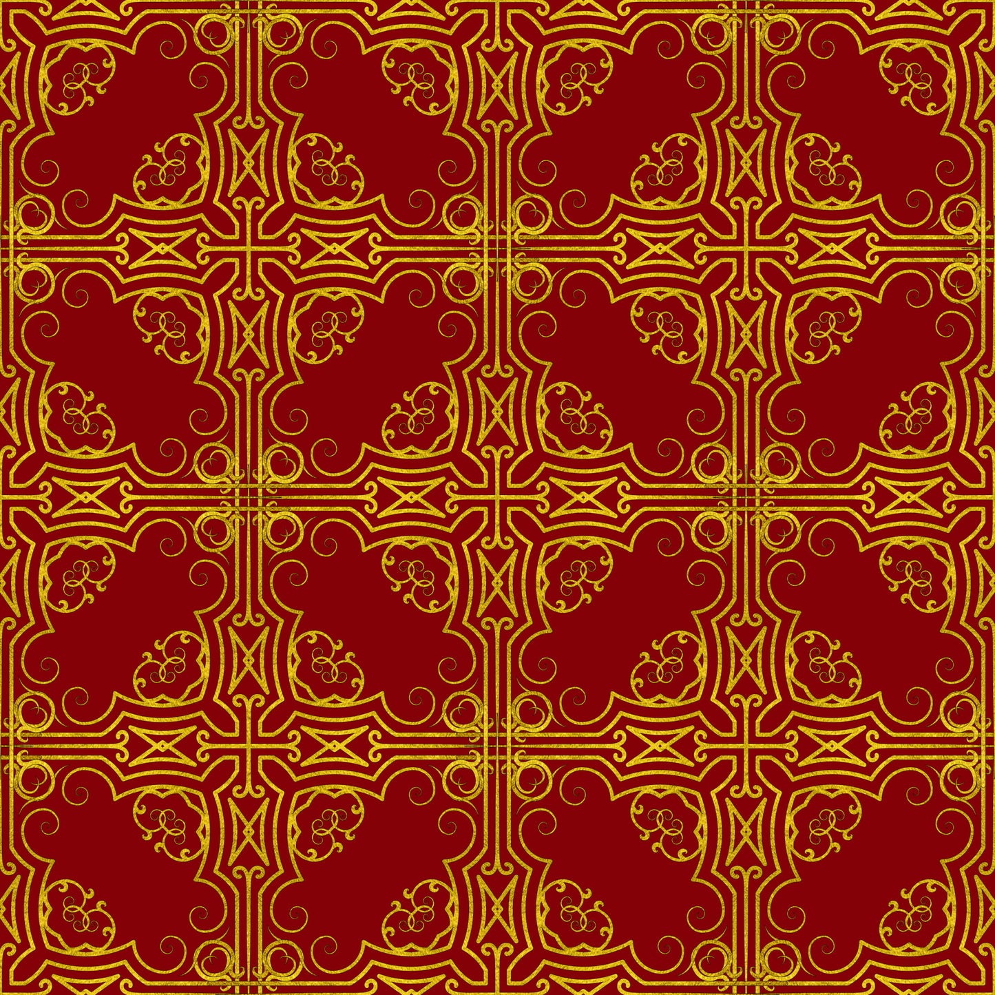 red, gold, burgundy, crimson, ornate pattern, decorative scrollwork, floral motifs, geometric design, cross motifs, swirls, curvilinear elements, repeating pattern, symmetrical design, ornamental, christmas fabric, holiday themed, quilting cotton, fabric panel, luxurious appearance, intricate details