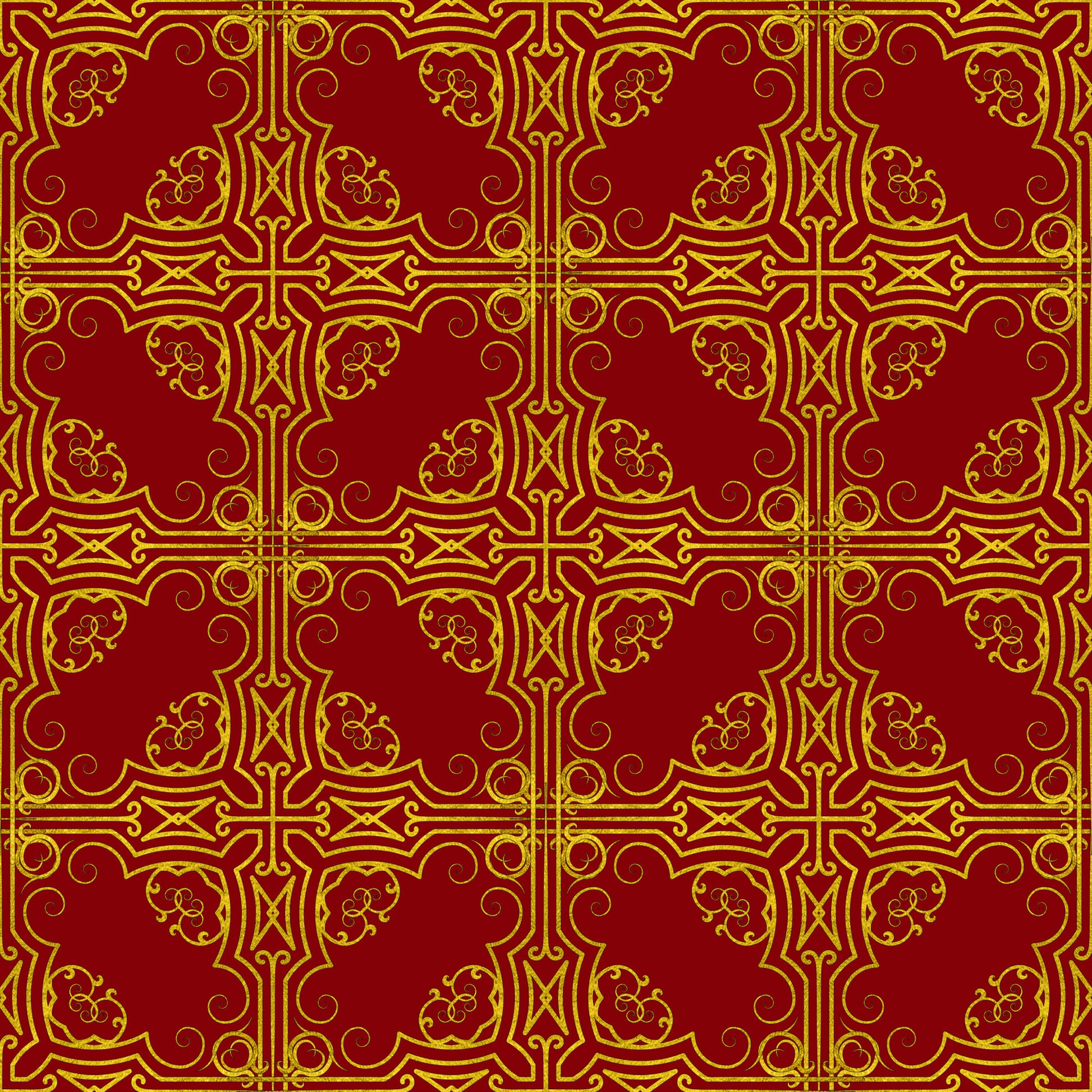 red, gold, burgundy, crimson, ornate pattern, decorative scrollwork, floral motifs, geometric design, cross motifs, swirls, curvilinear elements, repeating pattern, symmetrical design, ornamental, christmas fabric, holiday themed, quilting cotton, fabric panel, luxurious appearance, intricate details