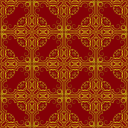 red, gold, burgundy, crimson, ornate pattern, decorative scrollwork, floral motifs, geometric design, cross motifs, swirls, curvilinear elements, repeating pattern, symmetrical design, ornamental, christmas fabric, holiday themed, quilting cotton, fabric panel, luxurious appearance, intricate details
